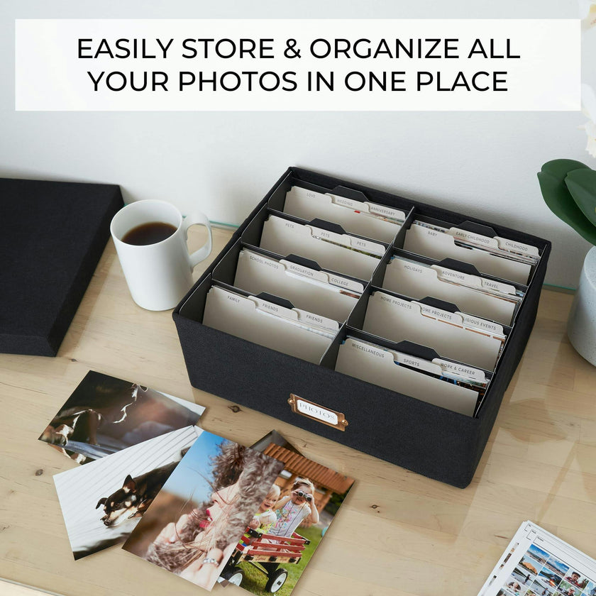 Decorative Photo Storage Box - Sturdy Linen Photo Organizer with Dividers - Stores Up to 850 4x6 Photos - Portable Scrapbook Storage Container with Lid