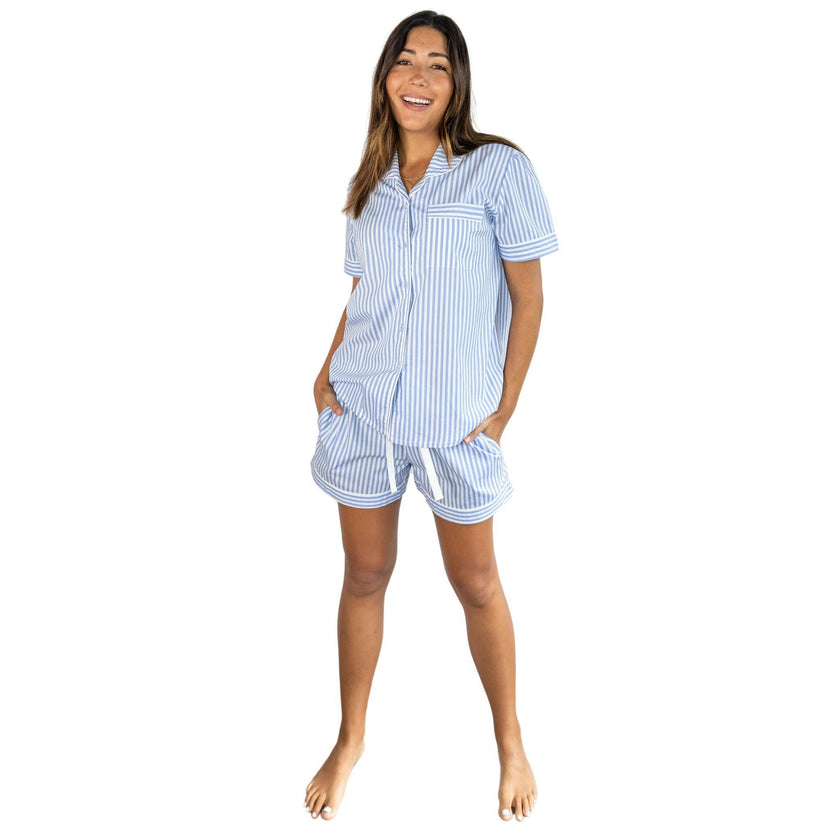 Women's Braddock Classic Short PJ Set - Blue Stripe Organic Cotton Poplin