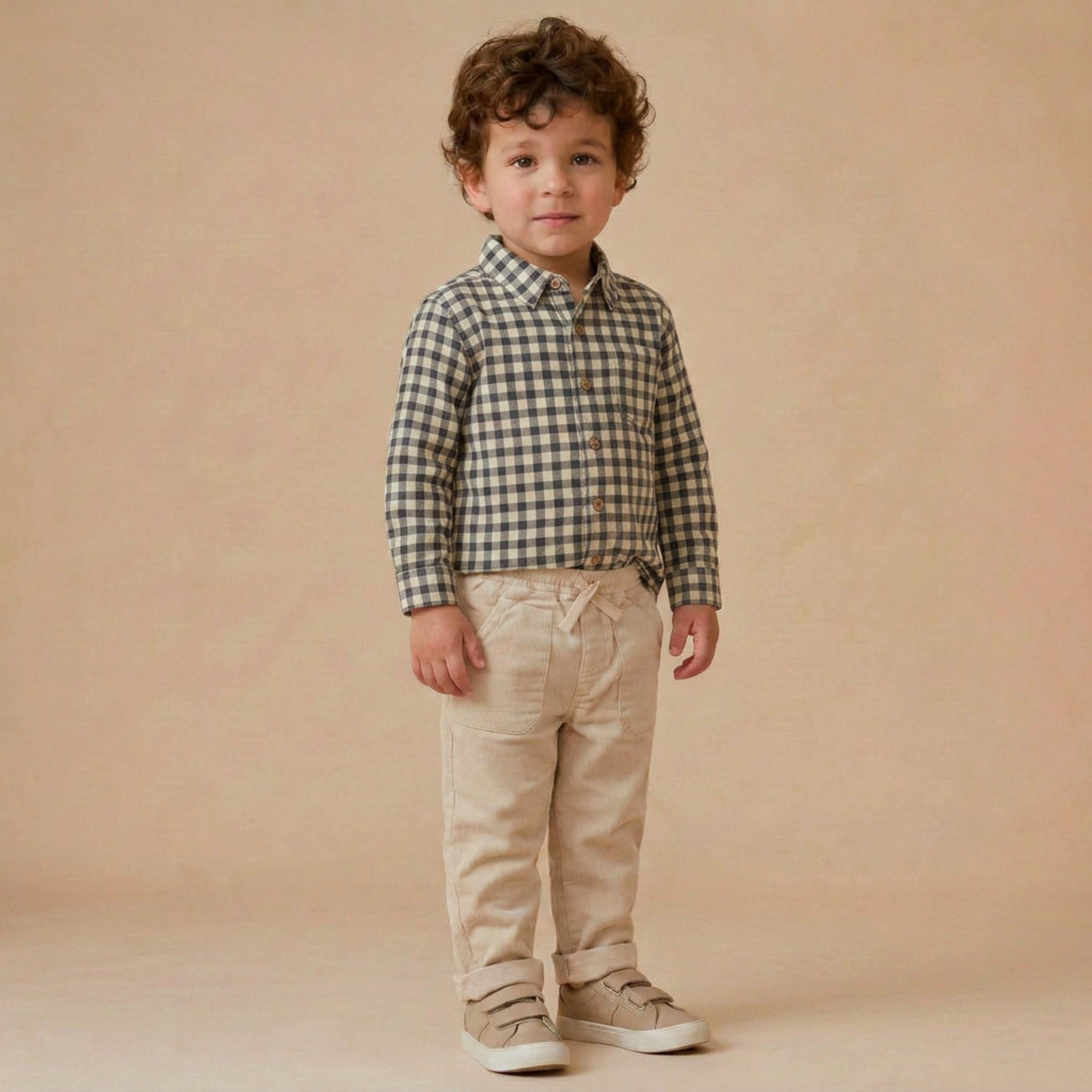 Organic Collared Long Sleeve Shirt - Charcoal Plaid