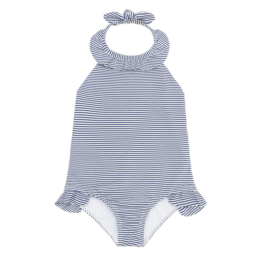 Girls Harbor Stripe Ruffle Halter One Piece