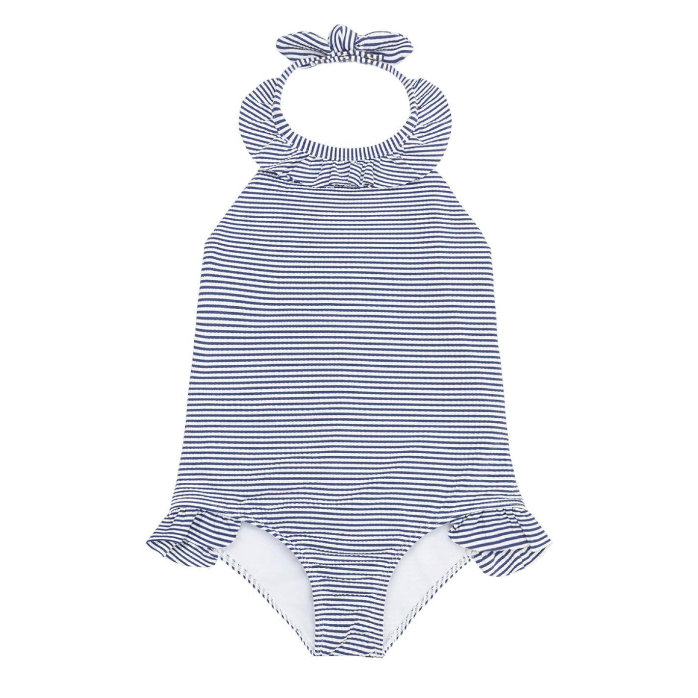 Girls Harbor Stripe Ruffle Halter One Piece