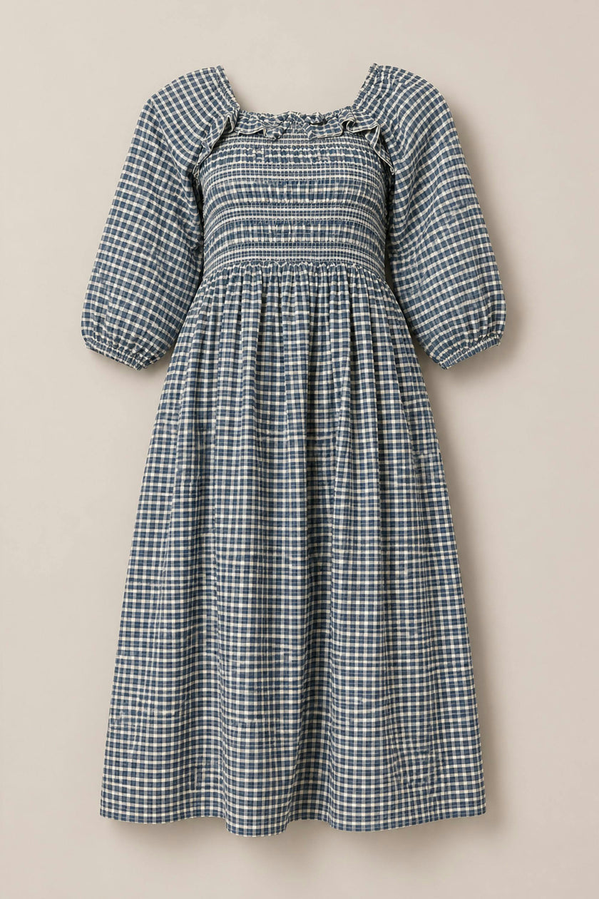 Mae 3/4 Sleeves Dress in Prussian Blue Plaid