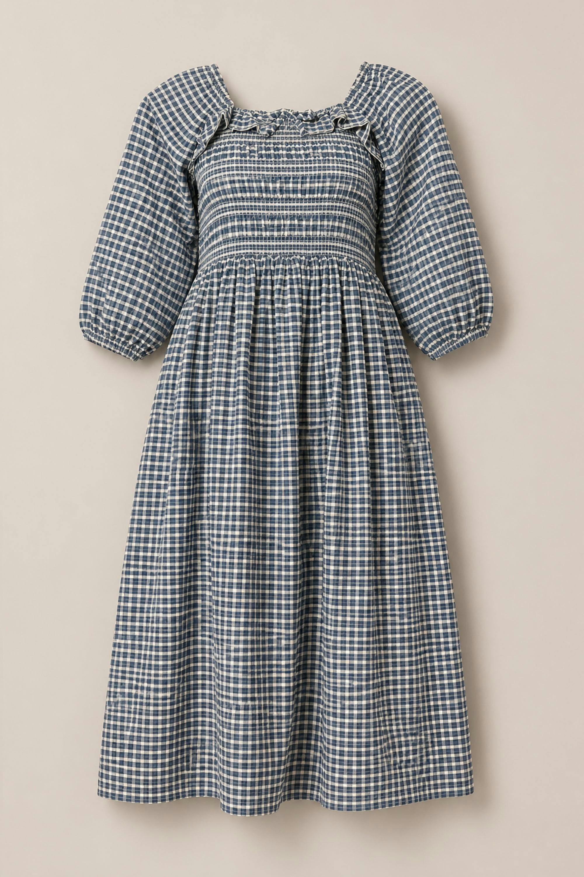 Mae 3/4 Sleeves Dress in Prussian Blue Plaid