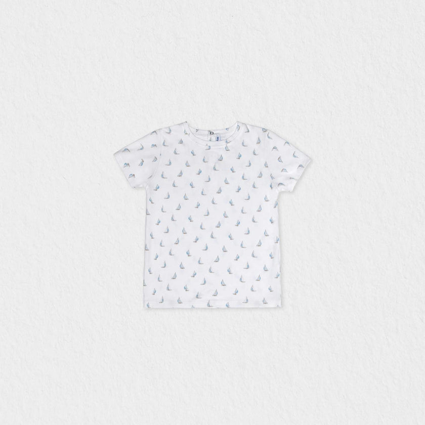 Cederique Baby T-shirt Short Sleeve, White Blue Boat