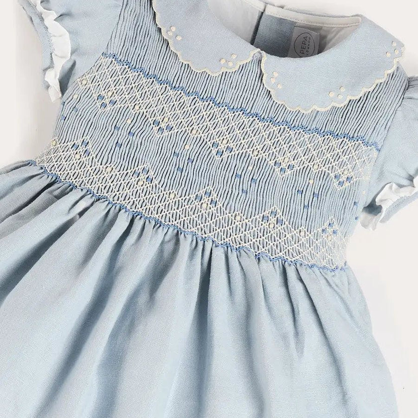 Hand Smocked Peter Pan Collar Short Sleeve Dress in Sky Blue (12mths-10yrs)