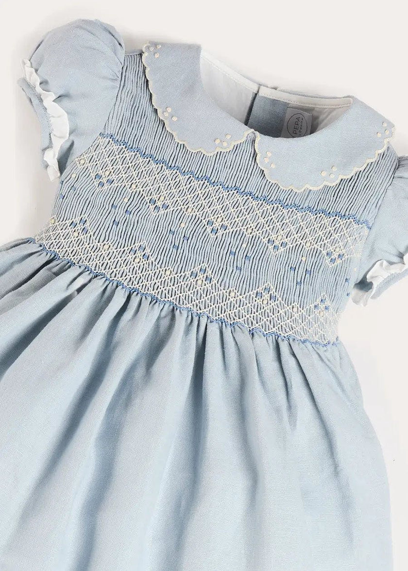 Hand Smocked Peter Pan Collar Short Sleeve Dress in Sky Blue (12mths-10yrs)