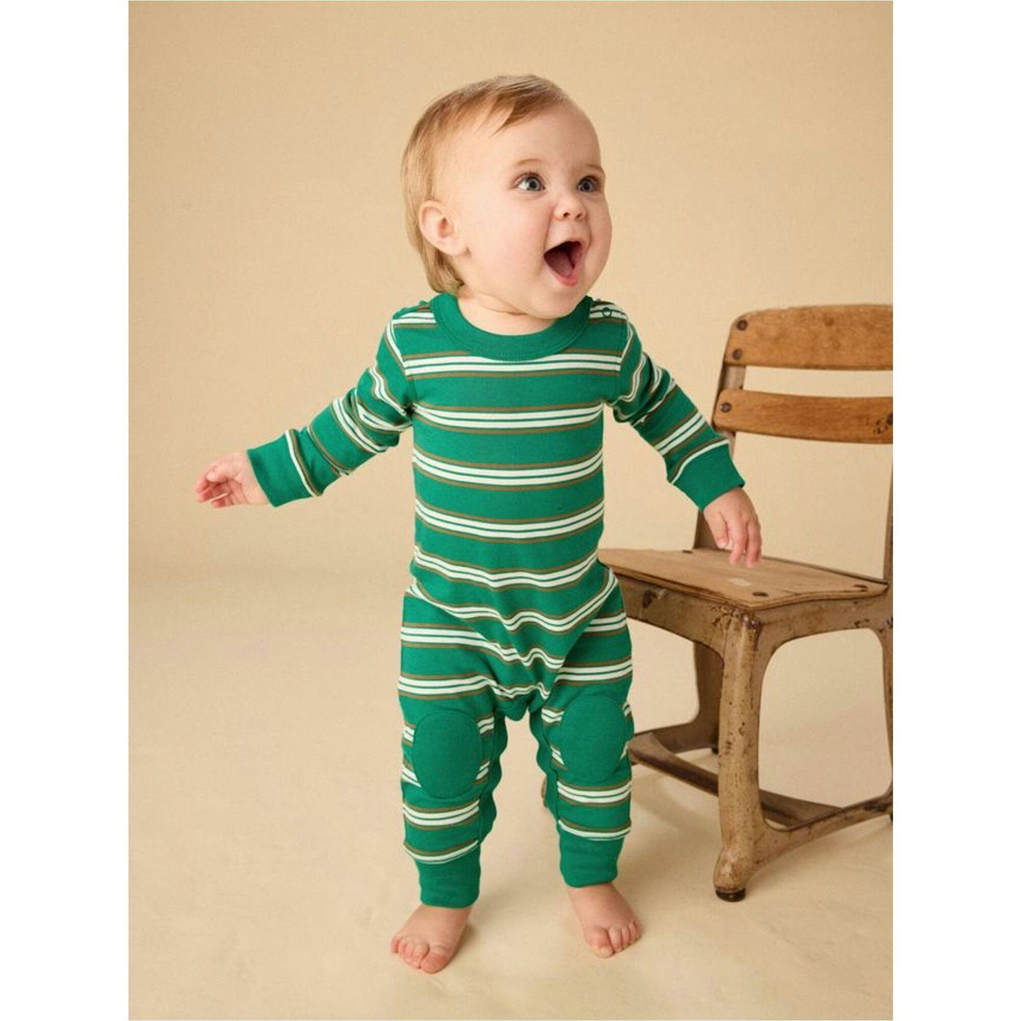 Stripe Knee Patch Baby Romper, Green