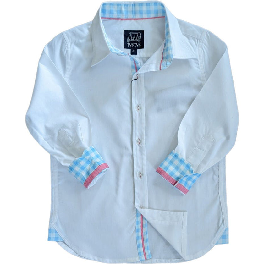 White Shirt with Blue Gingham Trim in Long Sleeves