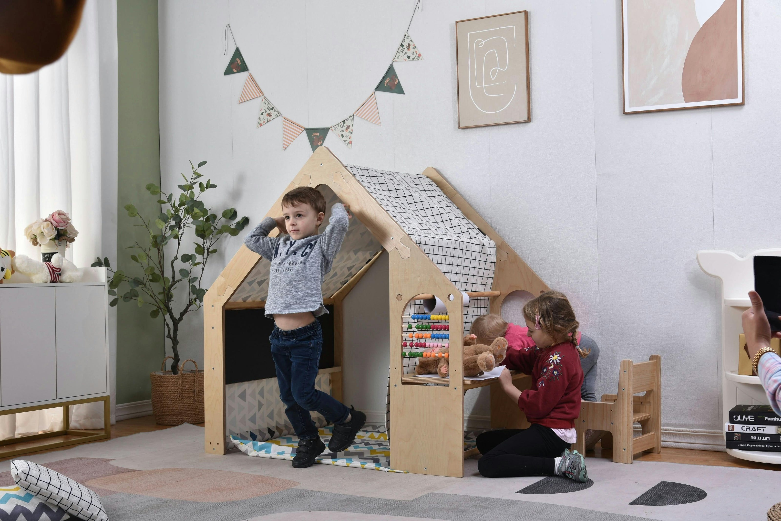Flair | Indoor Wooden Playhouse with Desk, Chair & Chalkboard for Toddlers and Kids