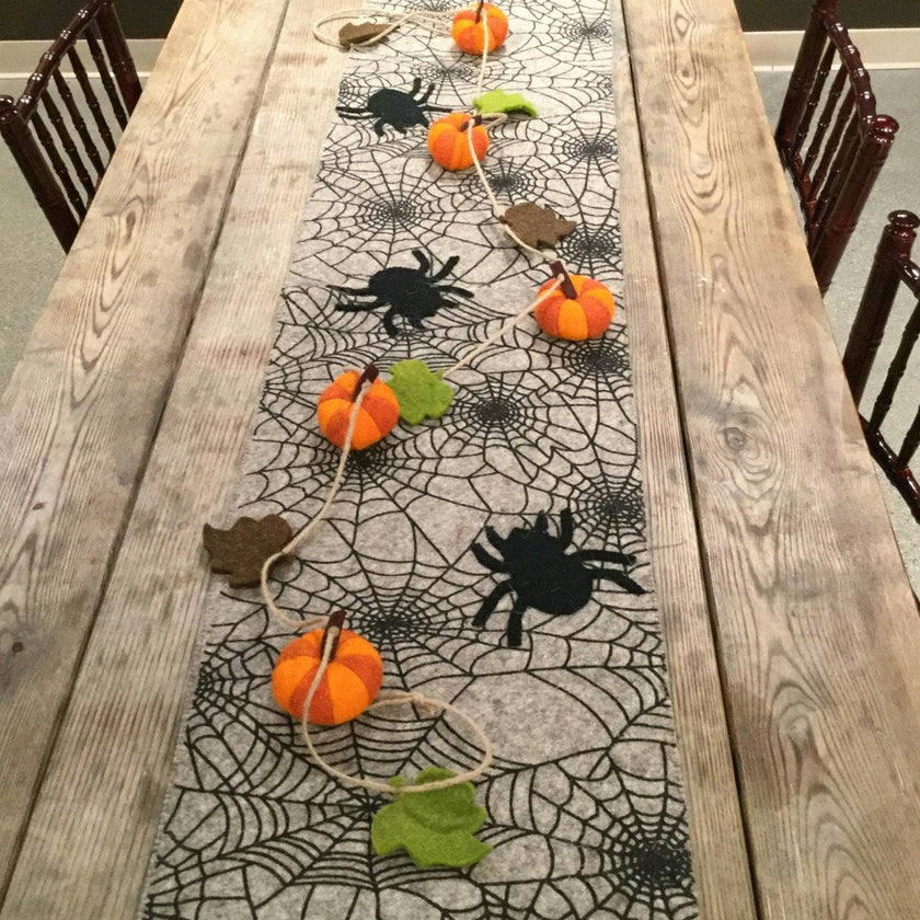 Hand Felted Wool Halloween Spider Web Table Runner - 14x72" Arcadia Home