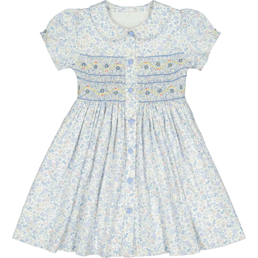 Violette Floral Blue Short Puff Smocked Dress