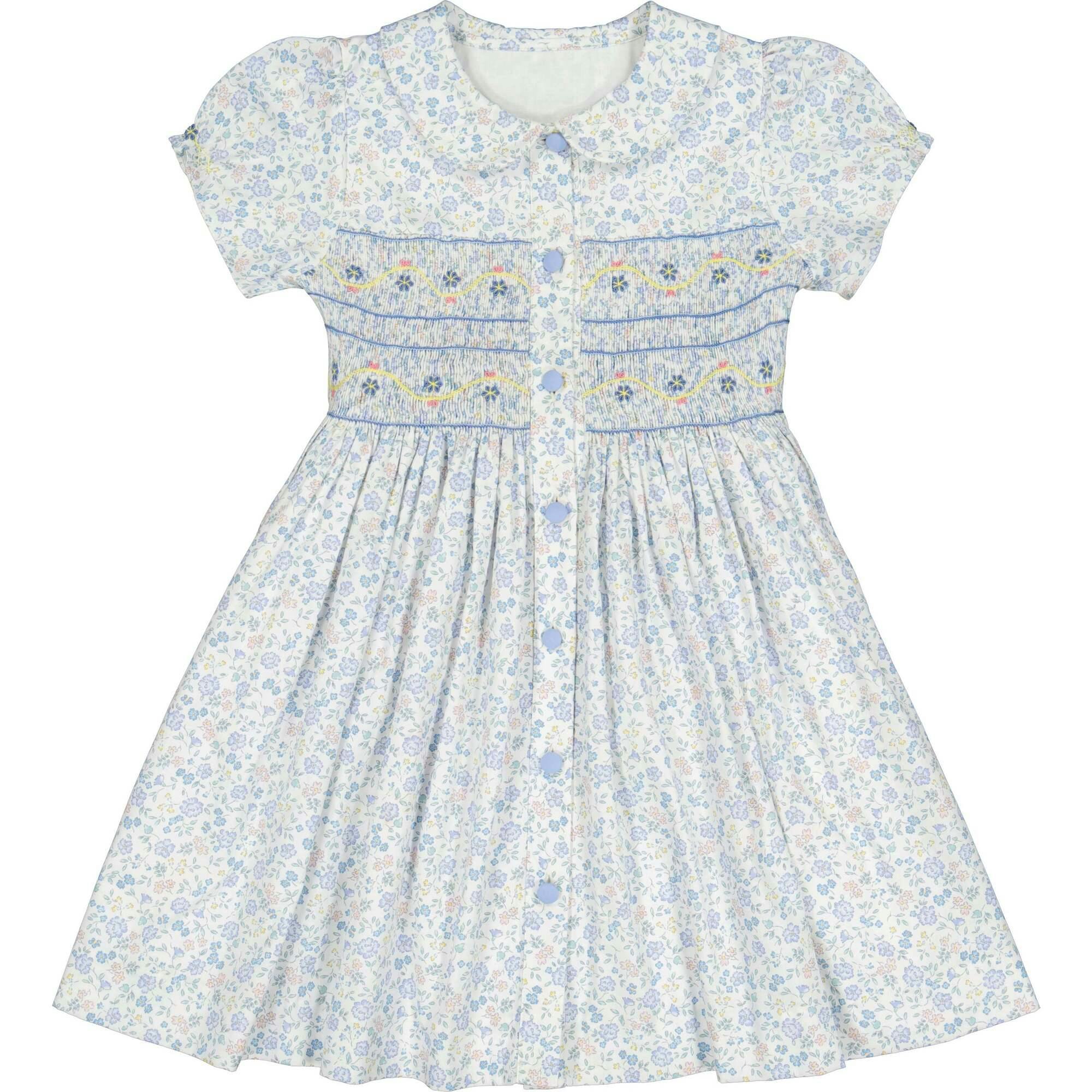 Violette Floral Blue Short Puff Smocked Dress