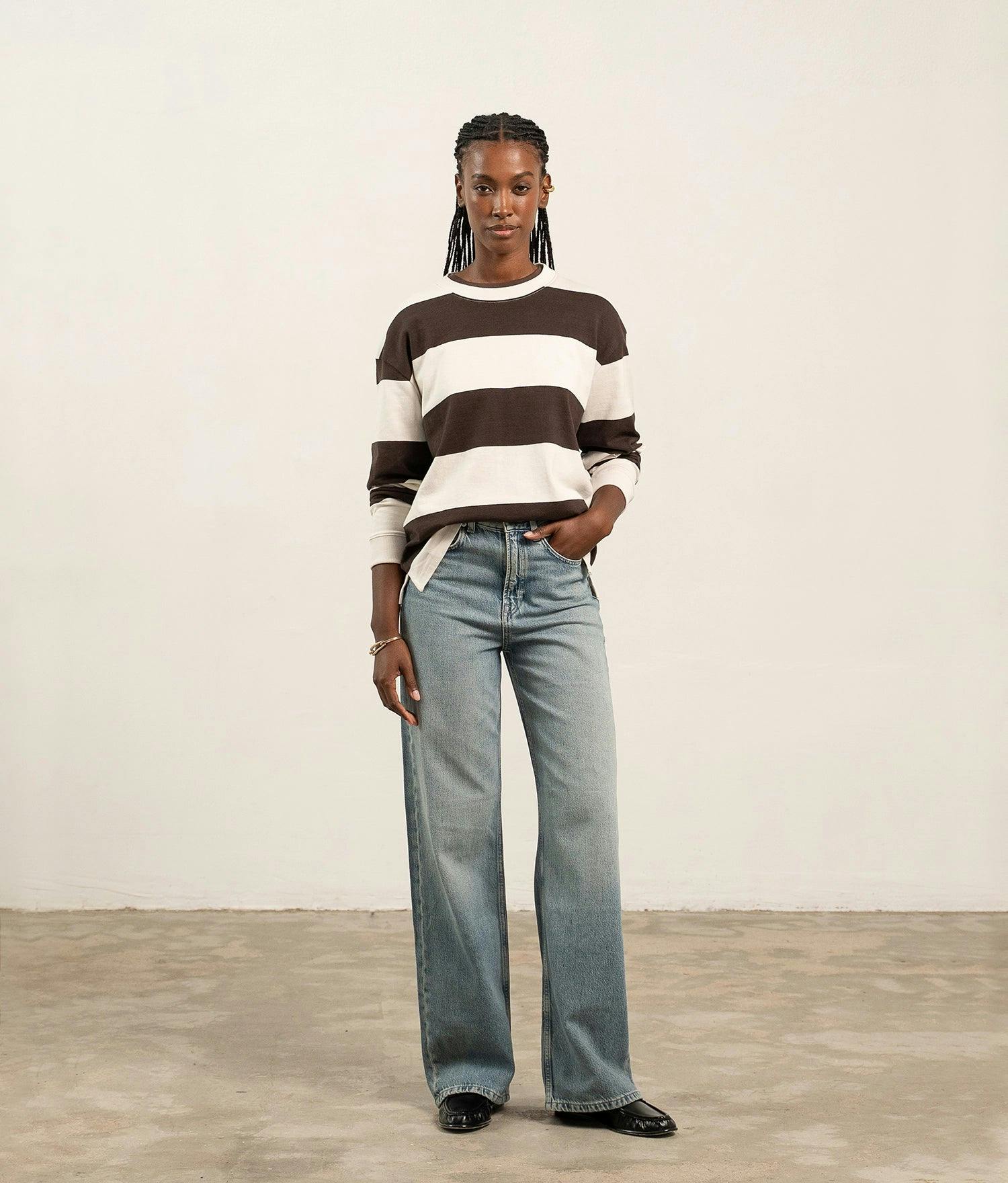 Womens Heavy Pima Rugby Pullover - Pima Cotton Jersey - Brown Bone Stripe