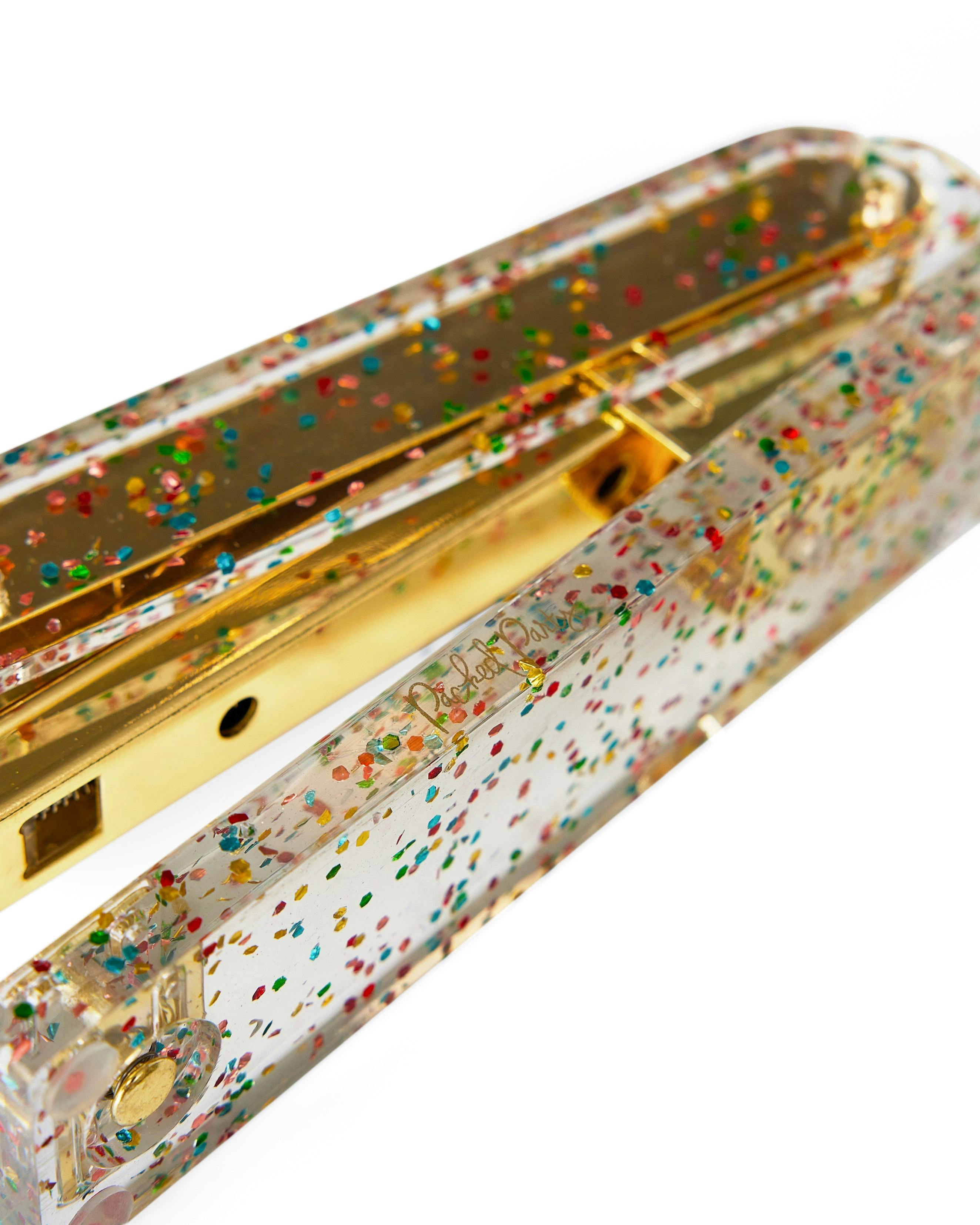 Packed Party Confetti Party Acrylic Stapler - Clear Confetti-Injected Acrylic Stapler with Gold Hardware for Home School and Office Desks, 5.75x2.75 Inch
