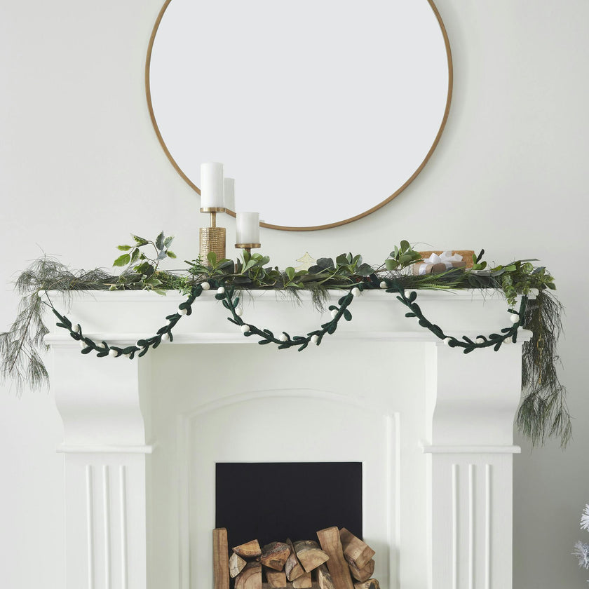 Handmade Christmas Garland and Bunting - Cream Velvet Balls and Felt Mistletoe - 6'