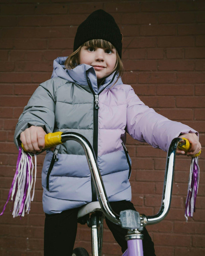 Colorblocked Puffy Winter Coat Purple Gray