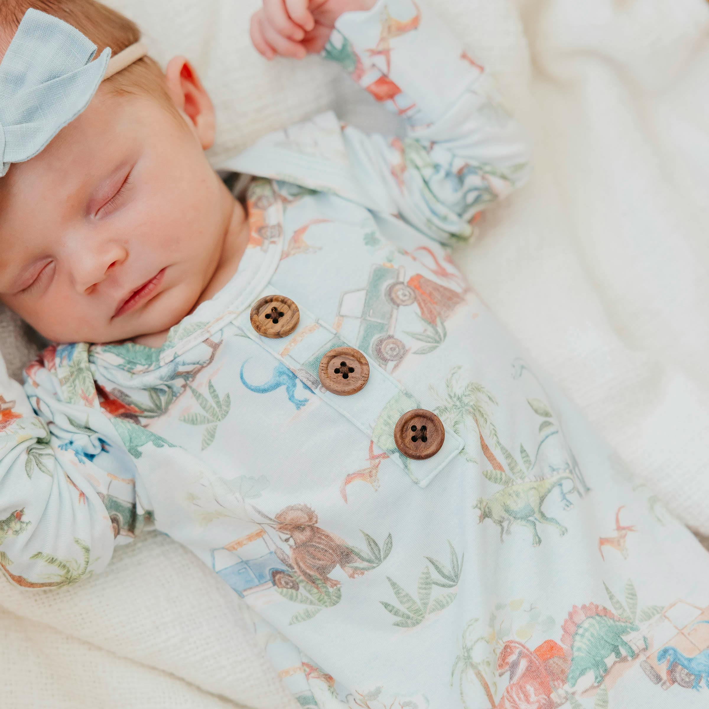 Newborn Wood Button Knotted Gown - Dino Explorer