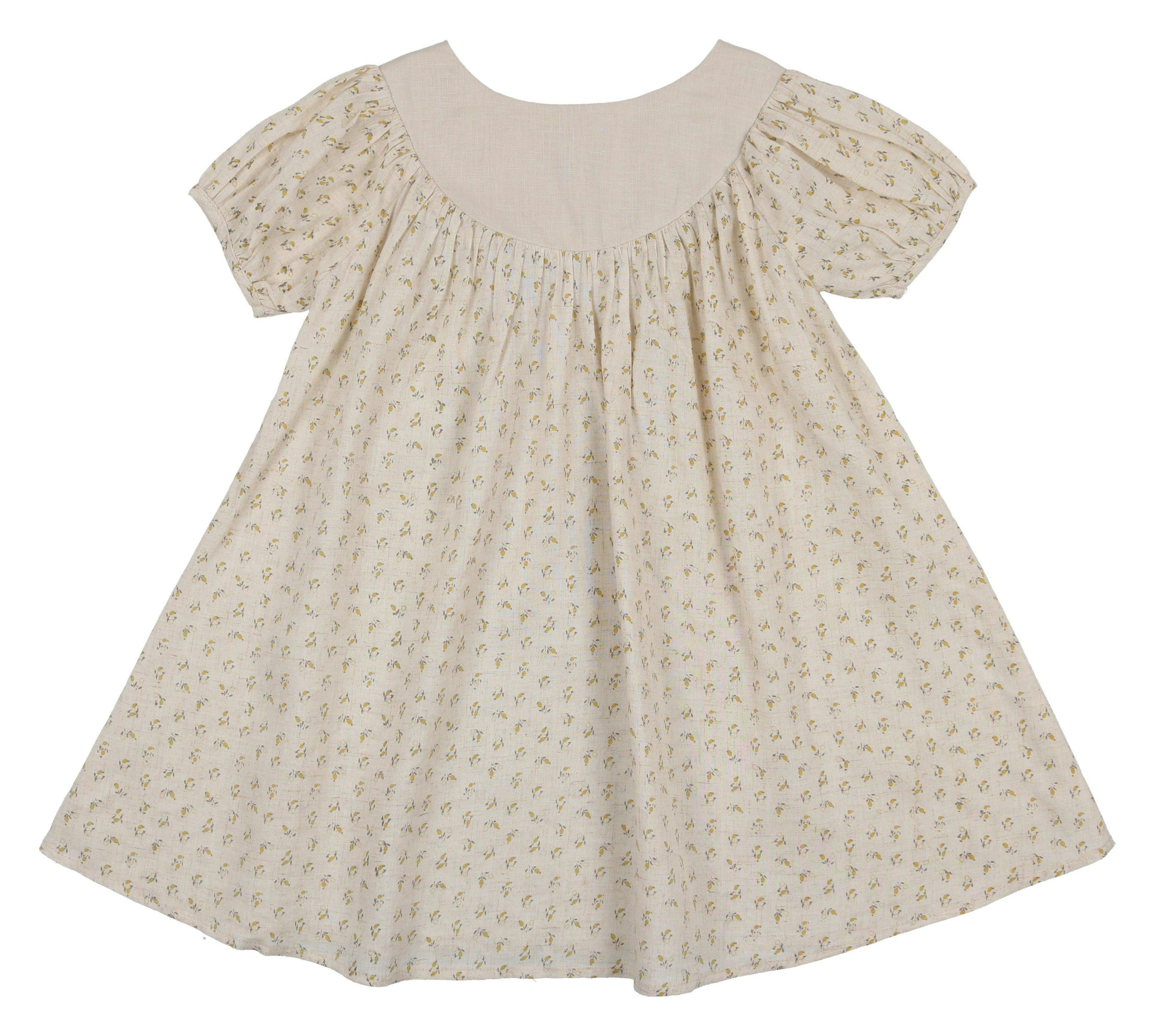 Lemon Blossom Pleated Puff Sleeve Swing Dress