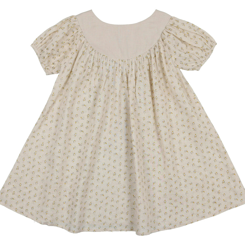 Lemon Blossom Pleated Puff Sleeve Swing Dress