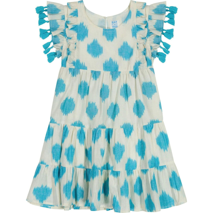 Sophie Girl's Tassel Dress Cream Aqua Ikat, Blue