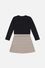 Bi-Material Dress Black And Beige Bow Tie Print