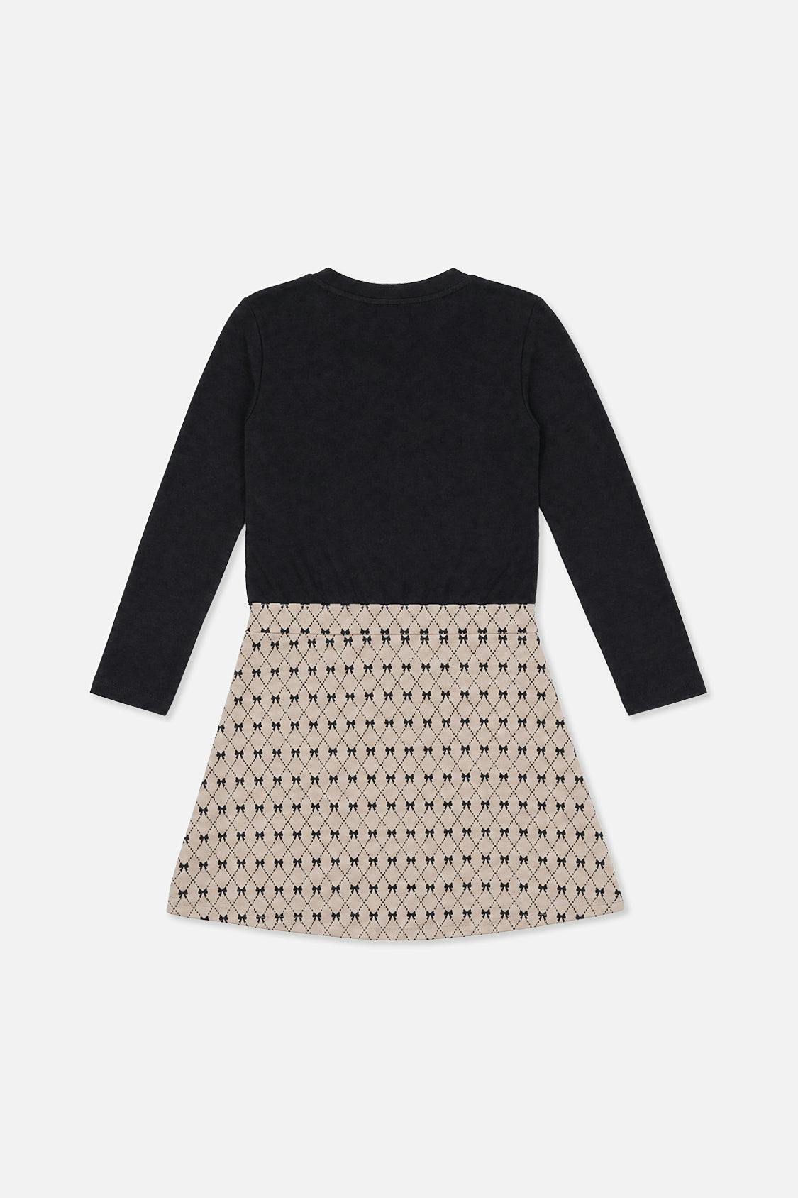 Bi-Material Dress Black And Beige Bow Tie Print