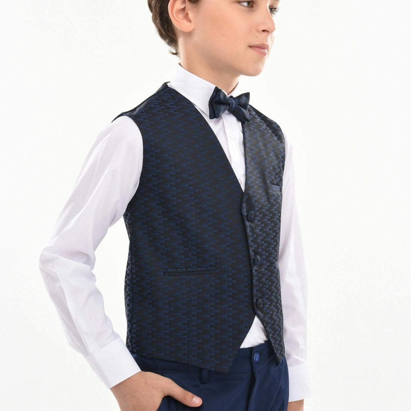 Navy Geometric Print Vest and Bowtie