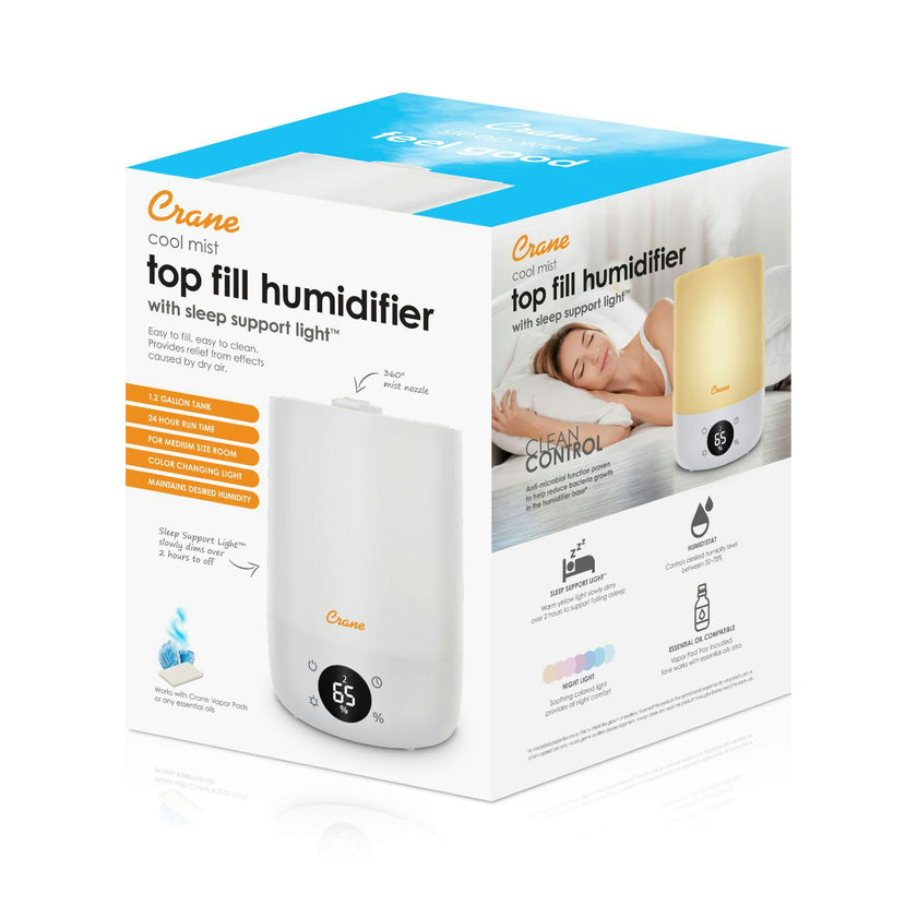Top Fill Cool Mist Humidifier, 1.2 Gallon with Sleep Support Light & Essential Oil Tray