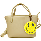 Faux Leather Tote Shoulder Strap Handbag With Sequins Happy Face Charm
