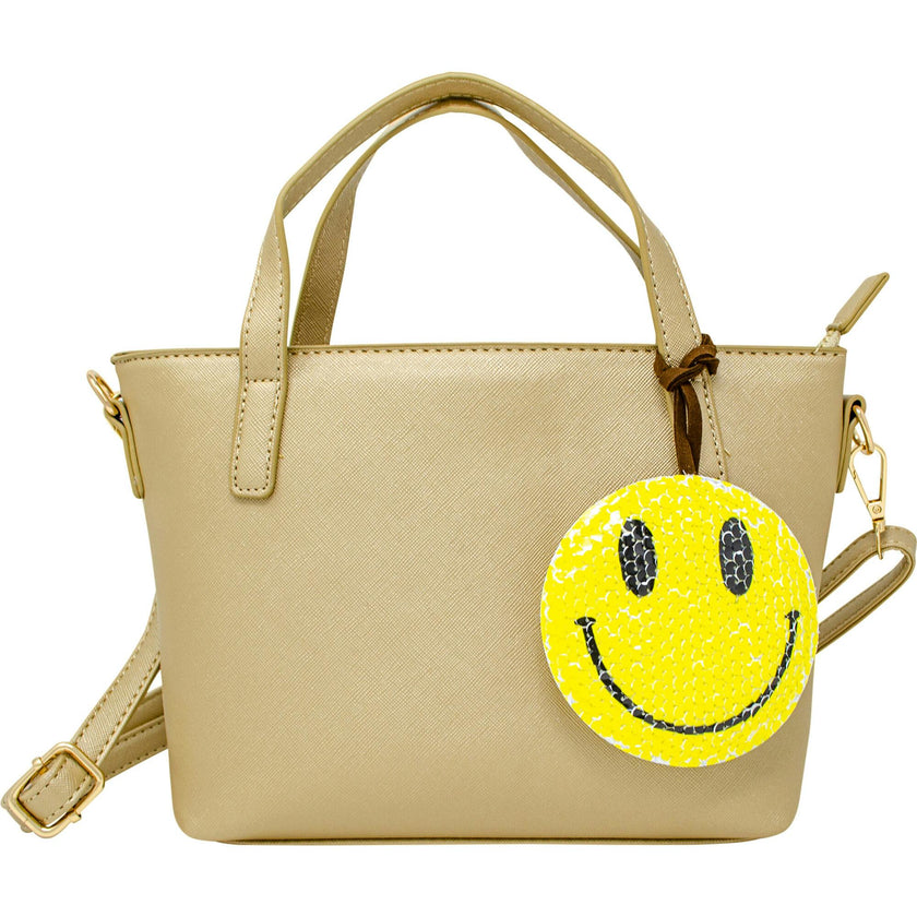 Faux Leather Tote Shoulder Strap Handbag With Sequins Happy Face Charm