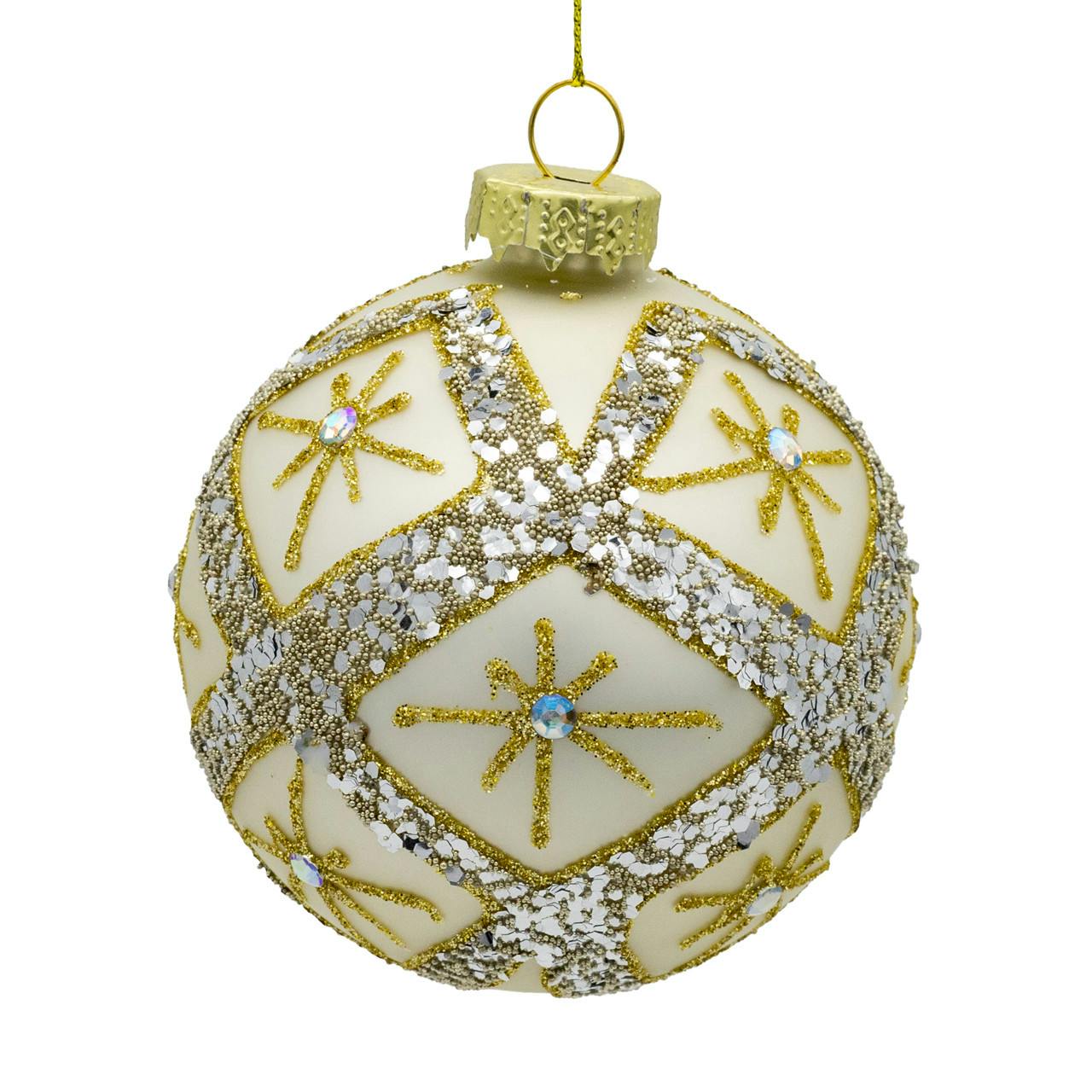 Kurt Adler 80MM Glass Silver Balls With Gold & Silver Criss-Cross Glitter Design Set, 6-Pieces