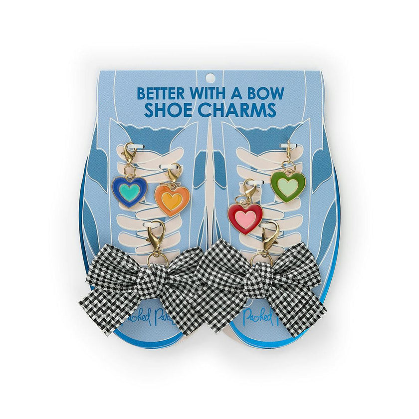 Packed Party Plaid Bows and Rainbow Hearts Shoe Charm Set 6pc - Gingham Bow and Enamel Heart Charms with Lobster Clips for Sneakers, 2.75x3.3 Inch