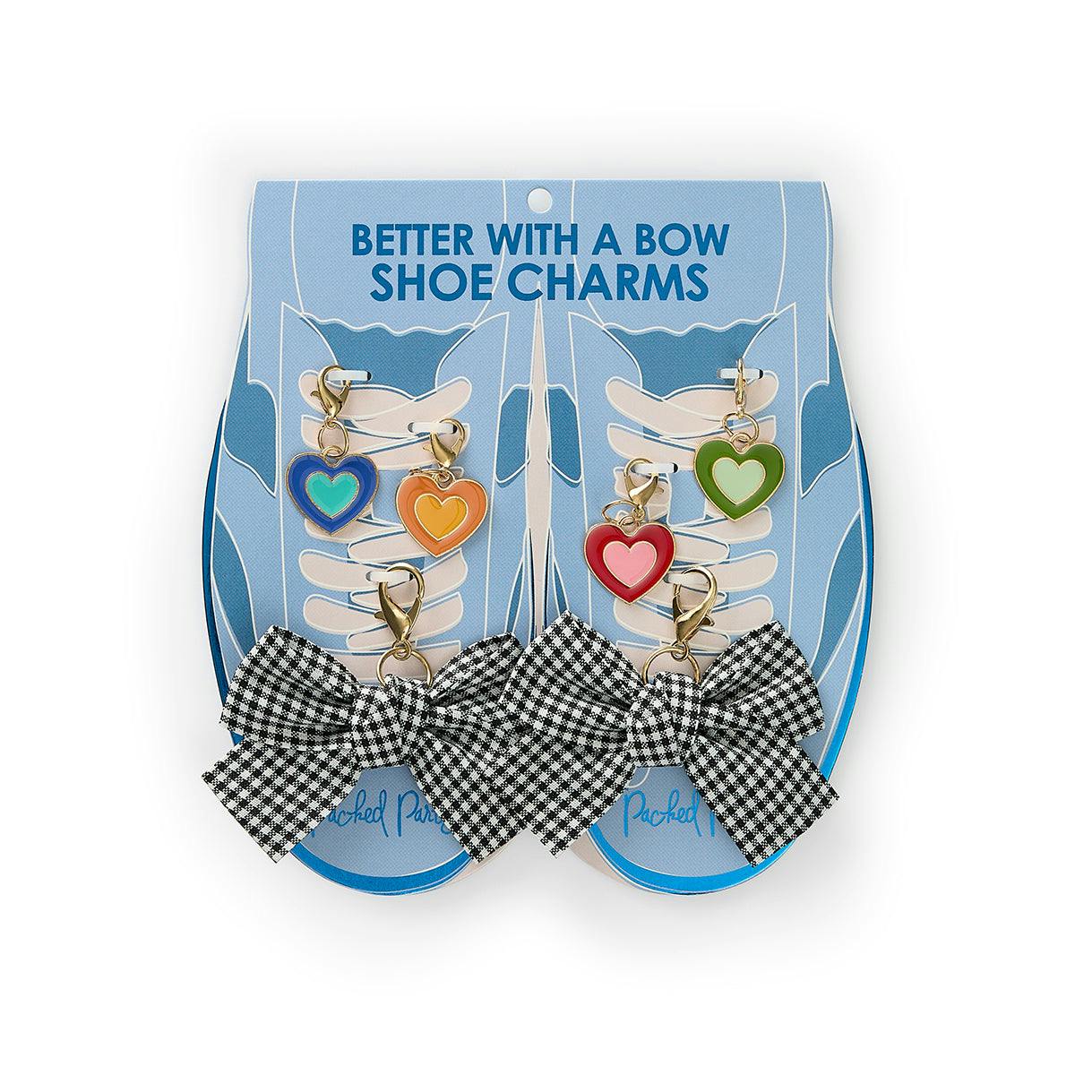 Packed Party Plaid Bows and Rainbow Hearts Shoe Charm Set 6pc - Gingham Bow and Enamel Heart Charms with Lobster Clips for Sneakers, 2.75x3.3 Inch