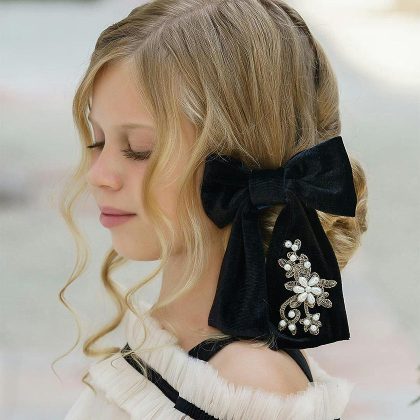 Embroidered Velvet Pearl Hair Bow