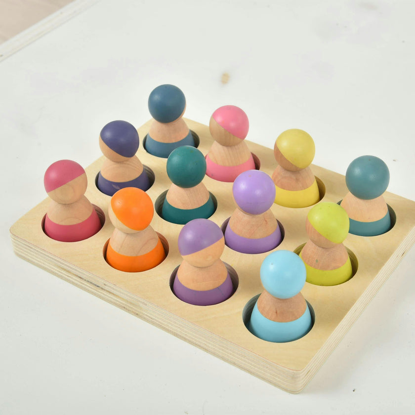 Wooden Rainbow Peg Dolls Figures 12 Piece Set