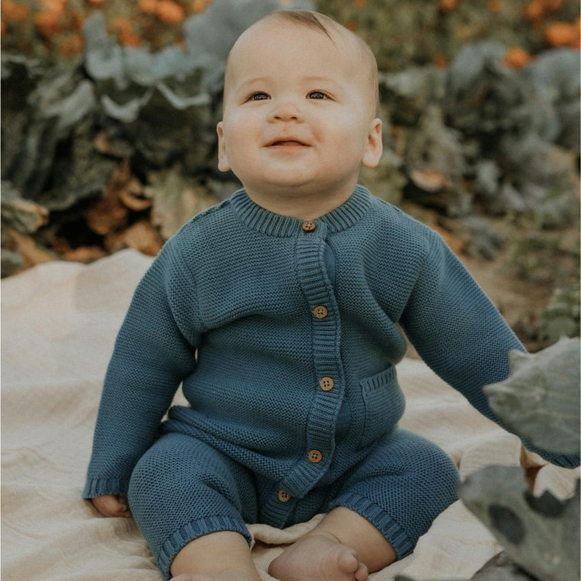 River Garter Stitch Romper in Bluestone
