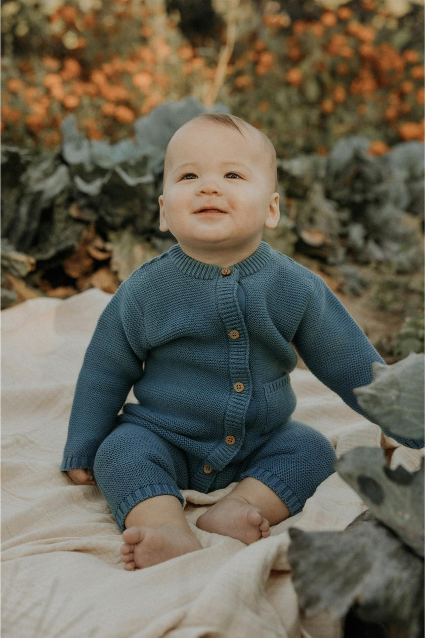 River Garter Stitch Romper in Bluestone