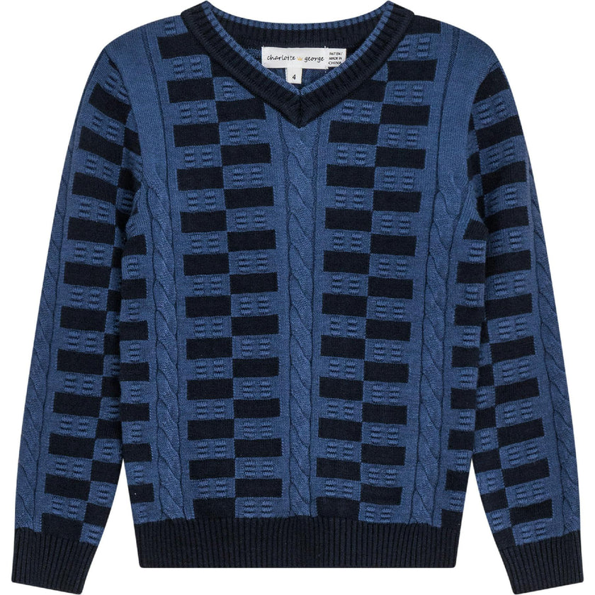 Textured KNit V-Neck Sweater Oxford Blue/Indigo