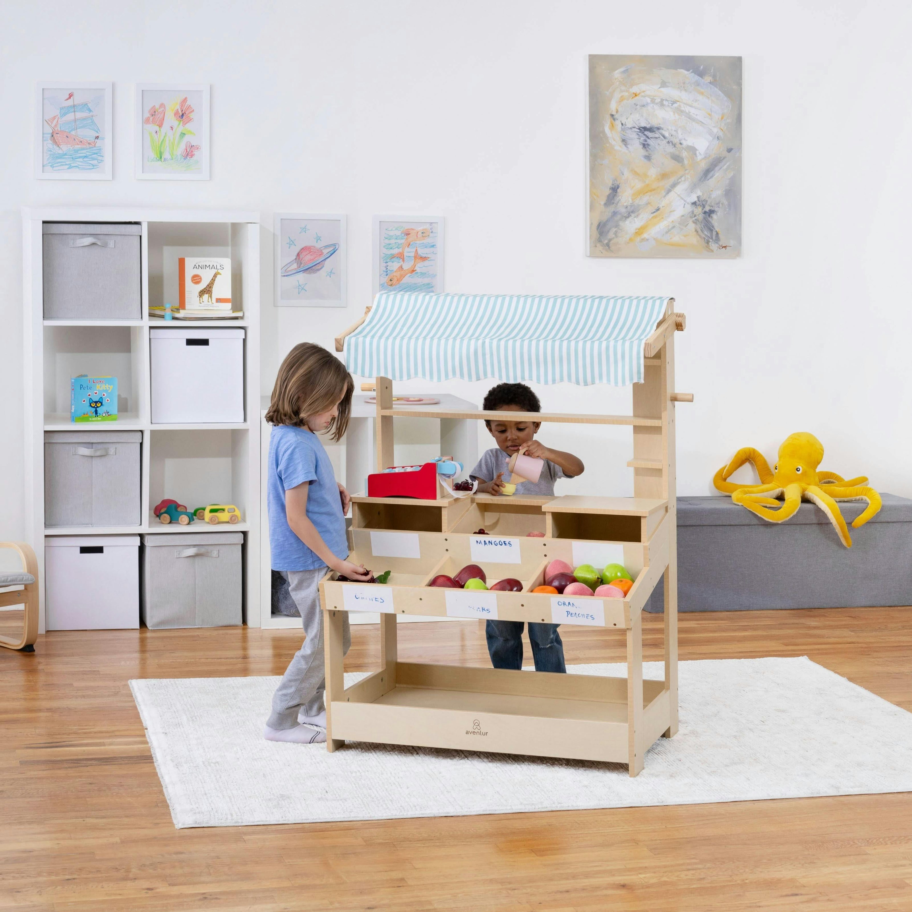 Cypress Wooden Market Stand – Pretend Play Shop for Kids with Storage