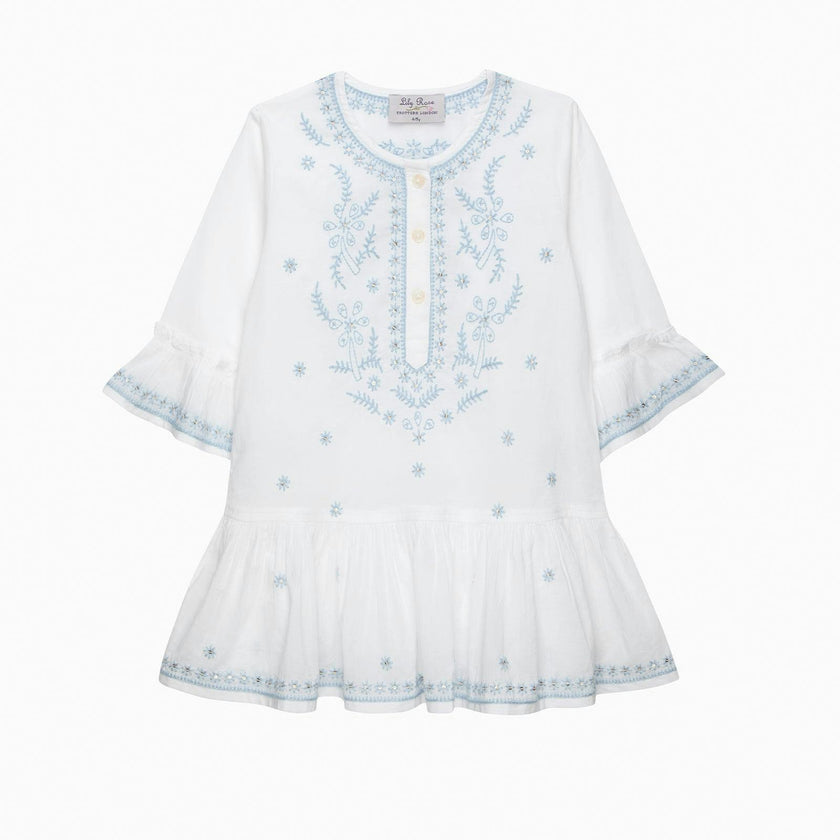 Embroidered Kaftan in White/Blue