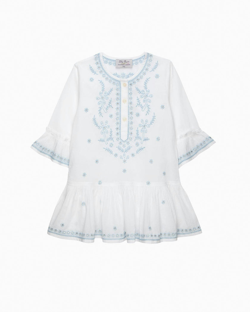 Embroidered Kaftan in White/Blue