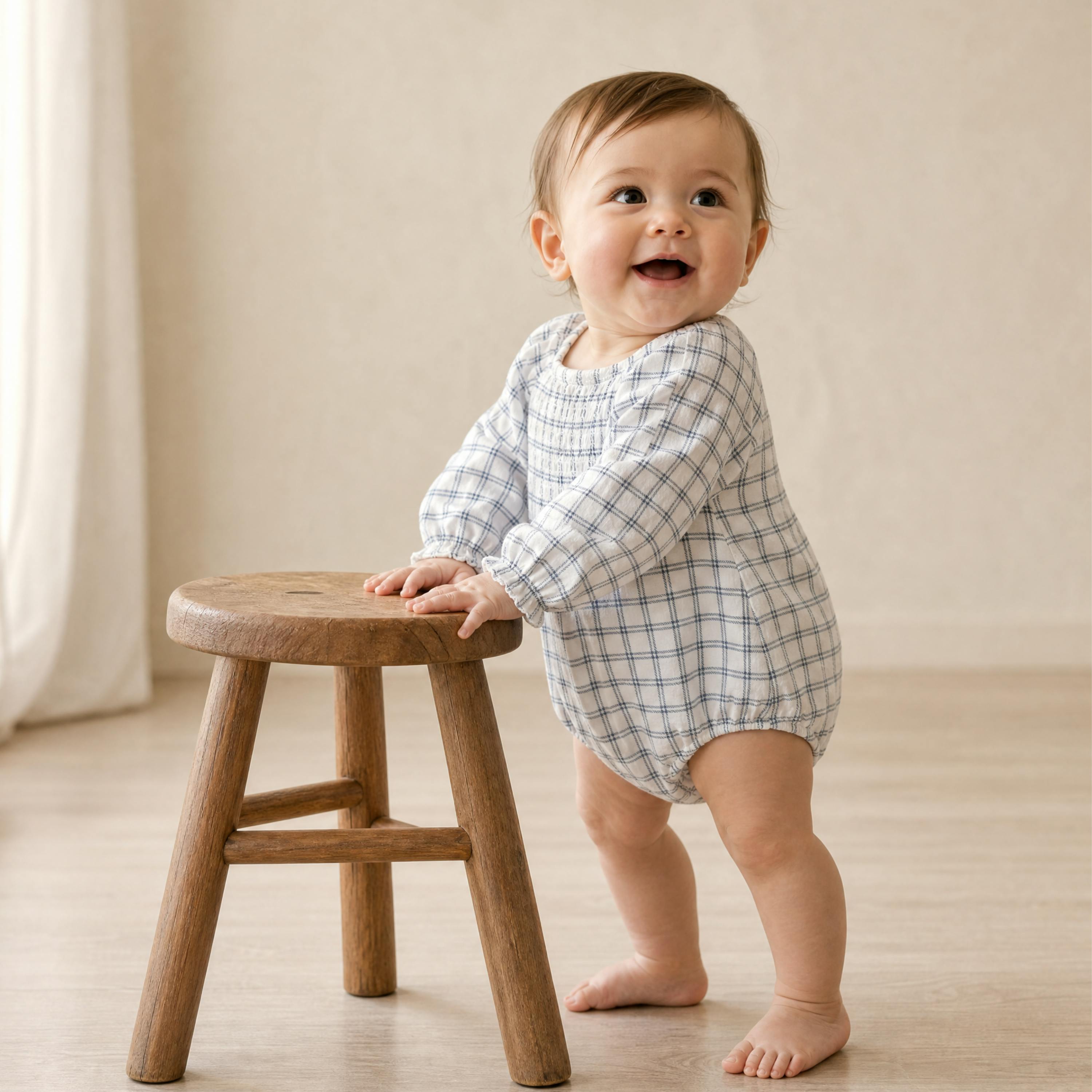 Organic Smocked Long Sleeve Romper - Window Plaids