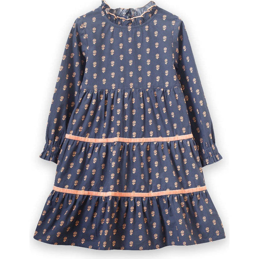 Long Sleeves Tiered Skirt Dress with Velvet Trim