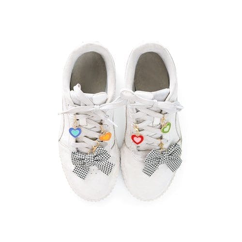 Packed Party Plaid Bows and Rainbow Hearts Shoe Charm Set 6pc - Gingham Bow and Enamel Heart Charms with Lobster Clips for Sneakers, 2.75x3.3 Inch
