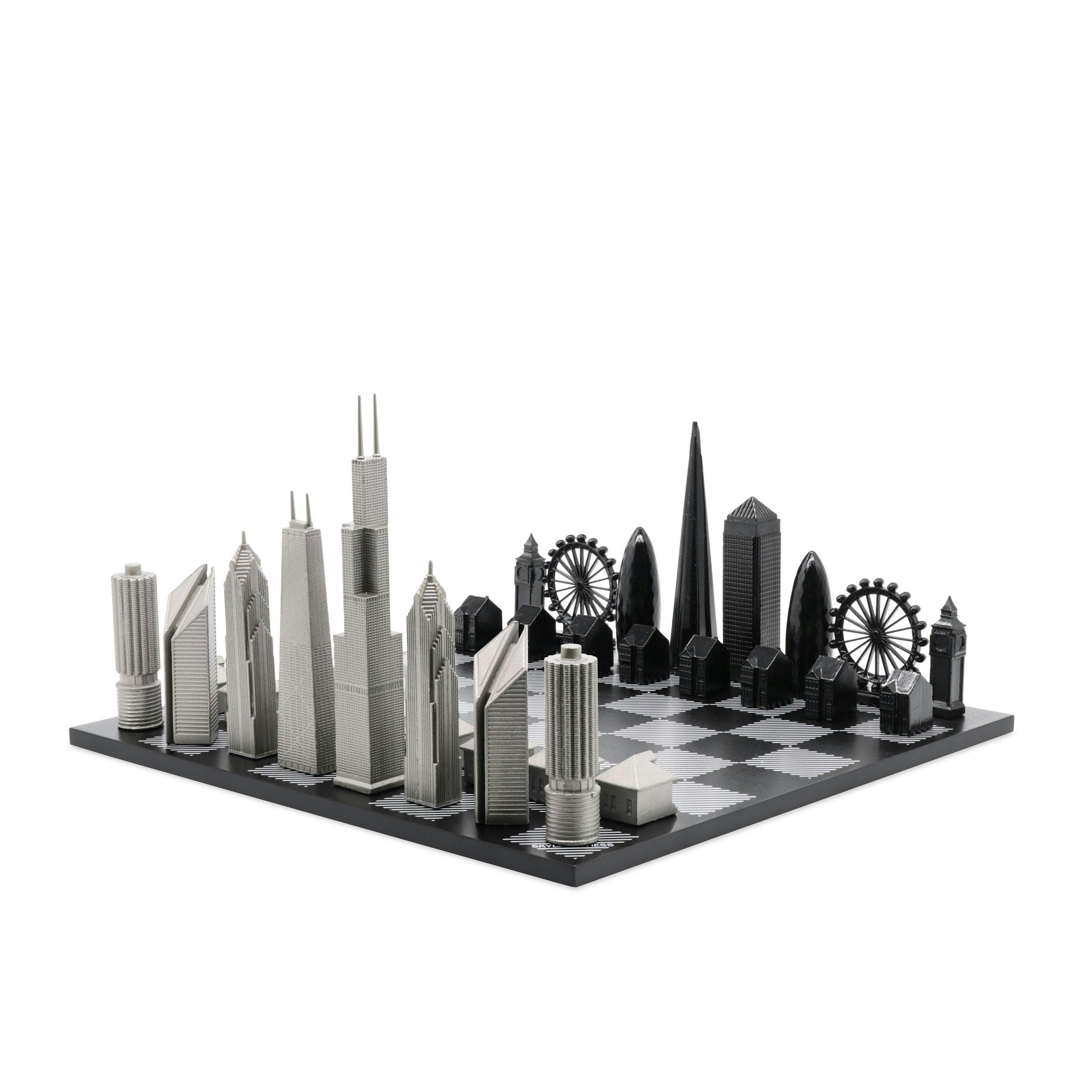 Chess Set Stainless Steel LONDON vs CHICAGO with B/W Hatch Board
