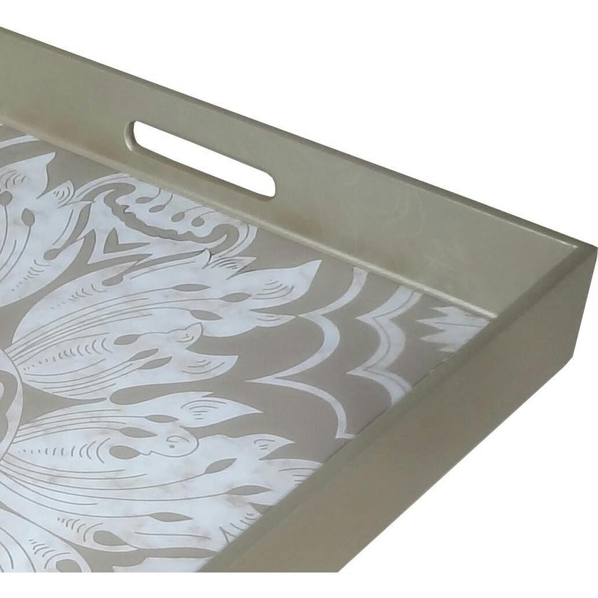 Handmade Reverse Painted Mirror Tray with Handles in Beige and Silver - Medium