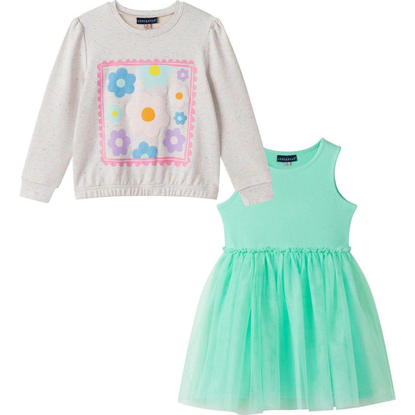 Girls Chenille Floral Sweatshirt & Tulle Tank Dress Set | Aqua