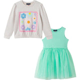 Girls Chenille Floral Sweatshirt & Tulle Tank Dress Set | Aqua
