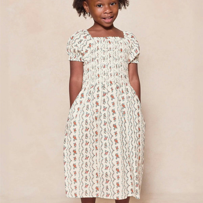 Mini Sunday Best Dress in Linear Poppy Woodblock