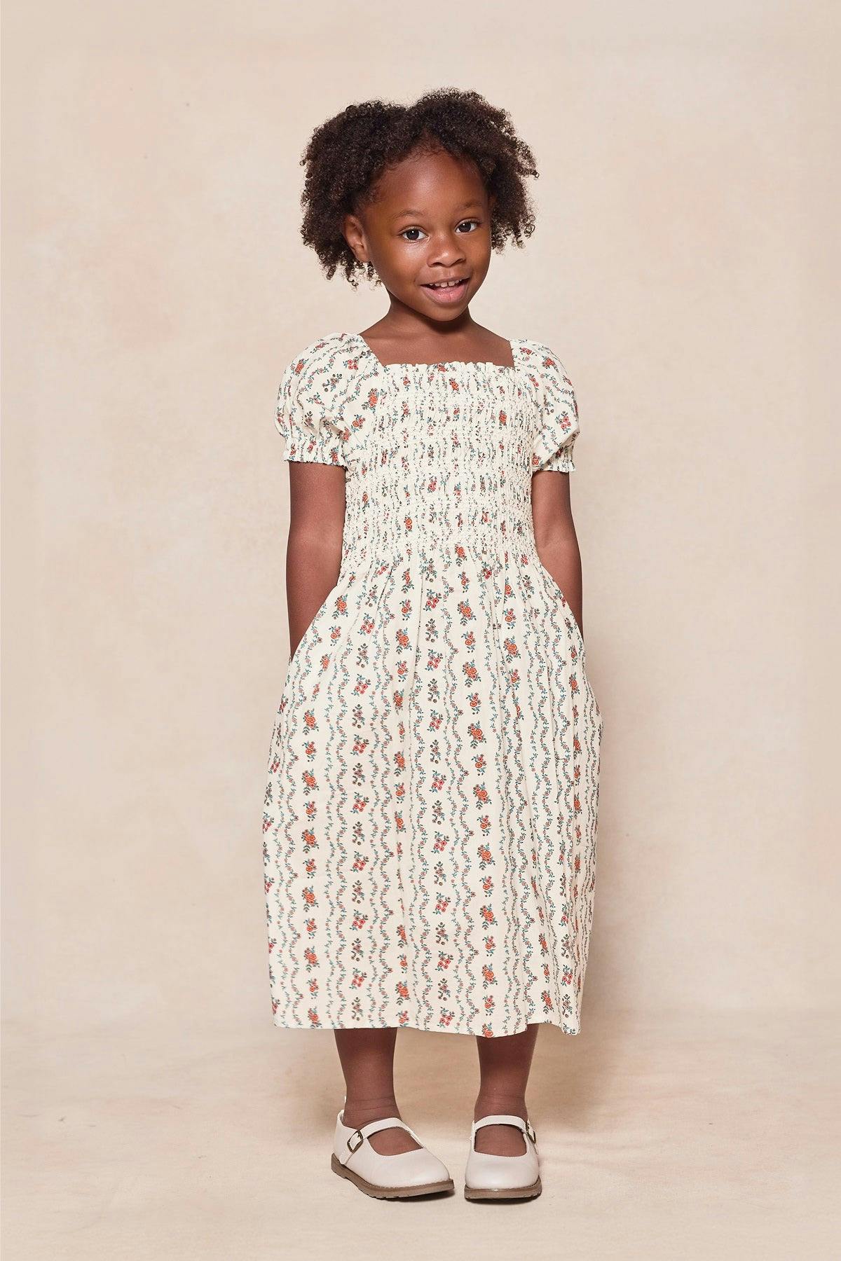 Mini Sunday Best Dress in Linear Poppy Woodblock